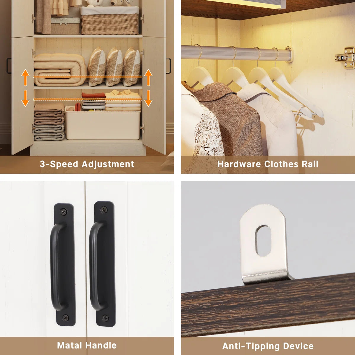 75" H Farmhouse Wardrobe Armoire Closet With LED Lights, 2 Doors Wooden Wardrobe Cabinet For Bedroom With Hanging Rod For Bedroom