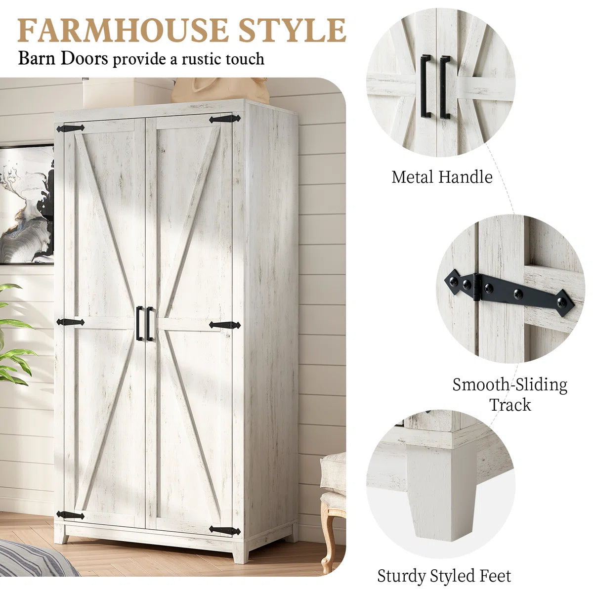 70" Farmhouse Large Armoire Wardrobe Closet With Hanging Rod