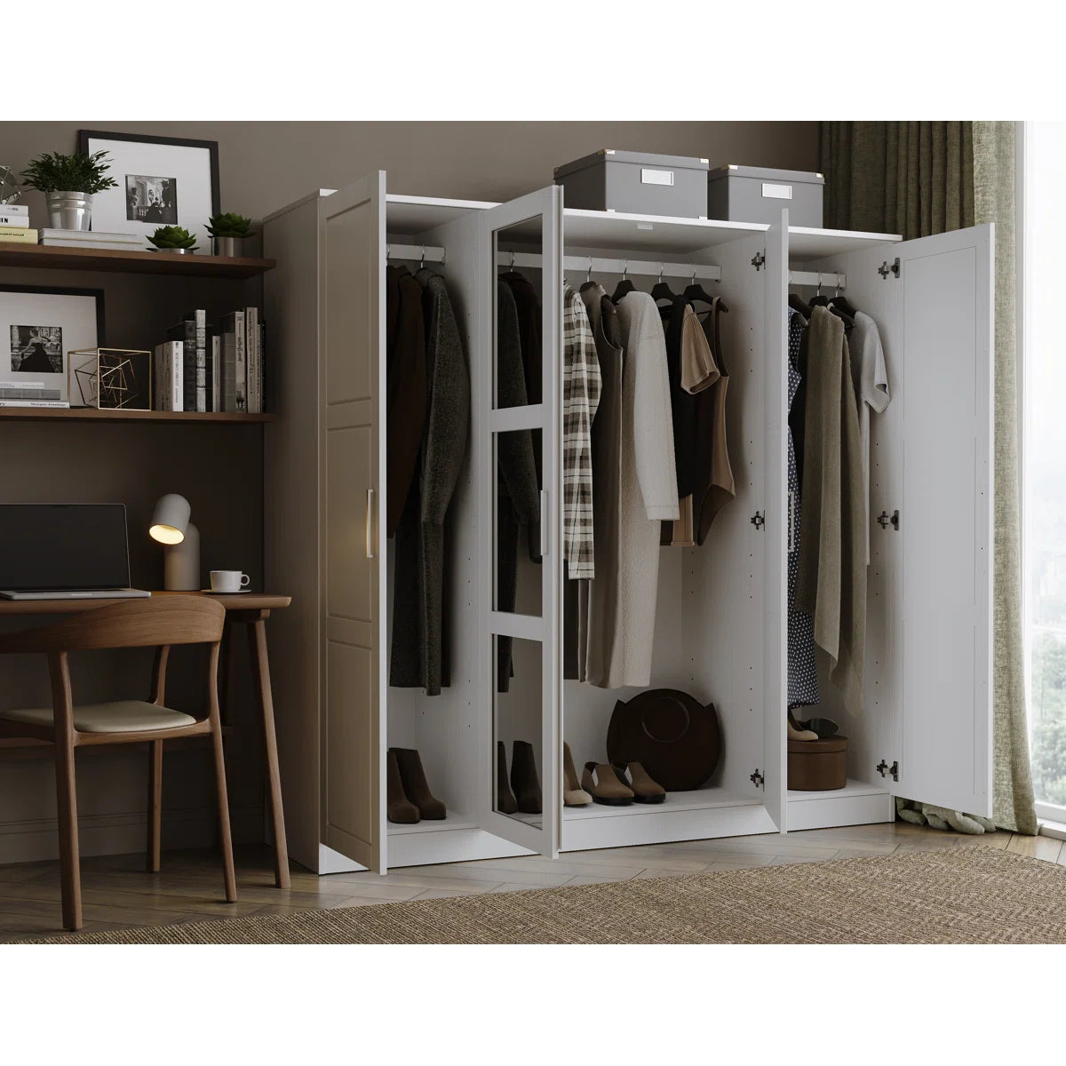 Cosmo 100% Solid Wood 4-door Wardrobe Armoire with Mirrored Doors