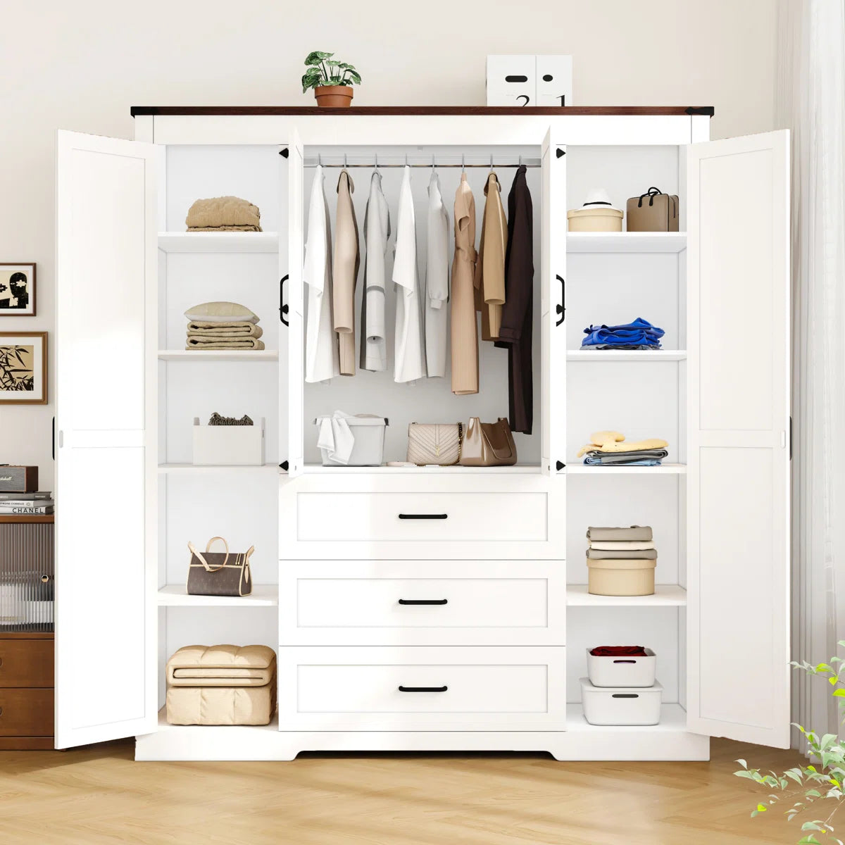 Farmhouse 4-door Wooden Armoire Wardrobe Closet With 3 Drawers, Wardrobe Closet With Hanging Rod And Shelves Tall Clothes Storage Cabinet For Bedroom