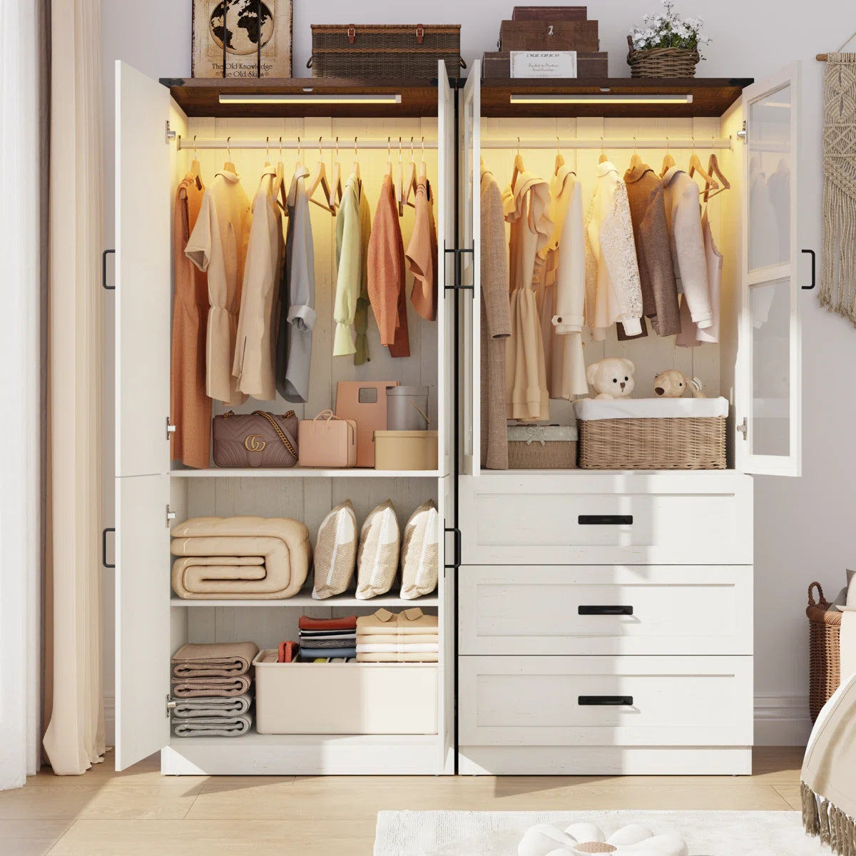 74.8"H 4 Door Wardrobe Armoire Closet With LED Lights, Rustic Farmhouse Wardrobe Cabinet With Hanging Rod & Adjustable Shelves For Bedroom
