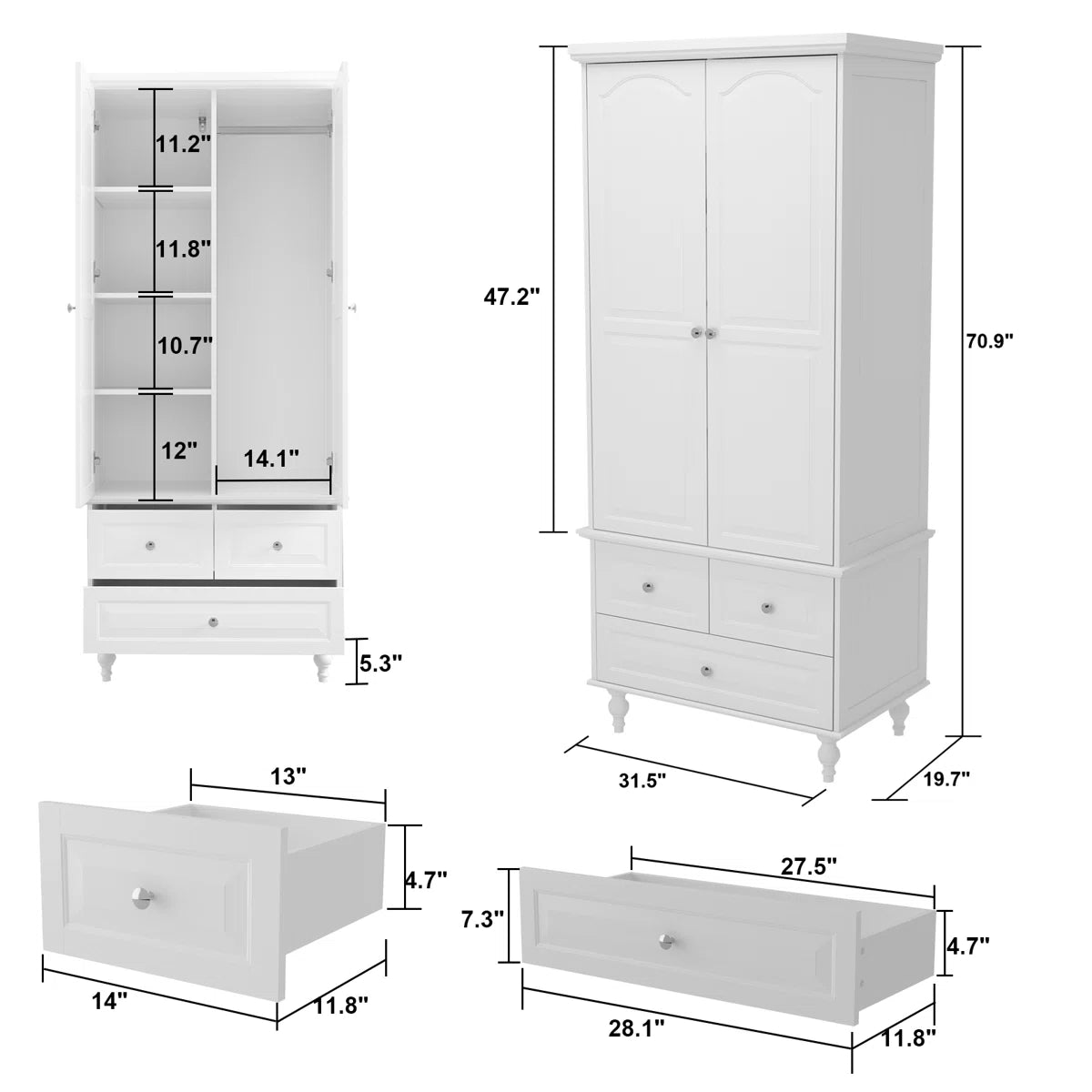 Talisha Freestanding Wooden Wardrobe Armoire with 3 Drawers