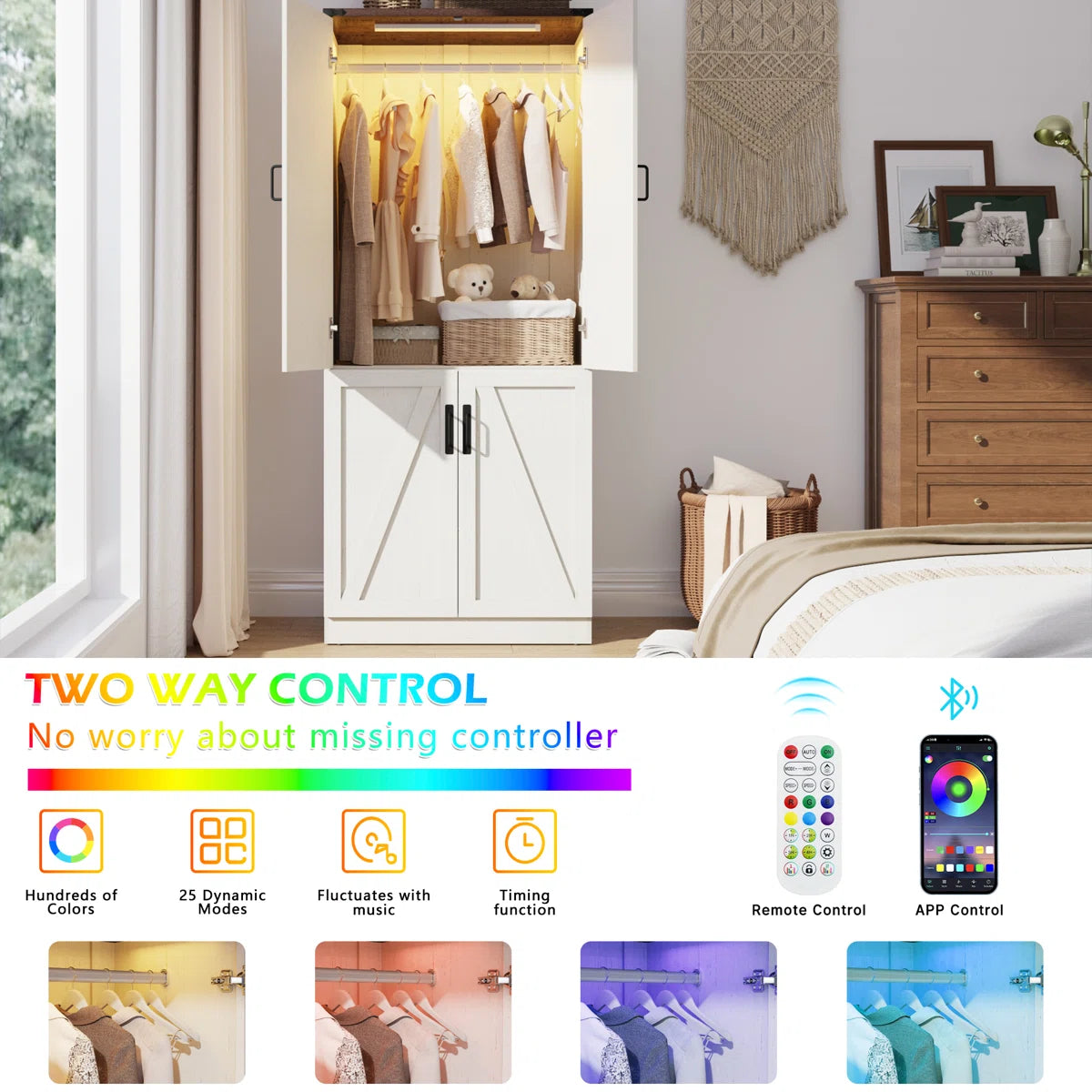 75" H Farmhouse Wardrobe Armoire Closet With LED Lights, 2 Doors Wooden Wardrobe Cabinet For Bedroom With Hanging Rod For Bedroom