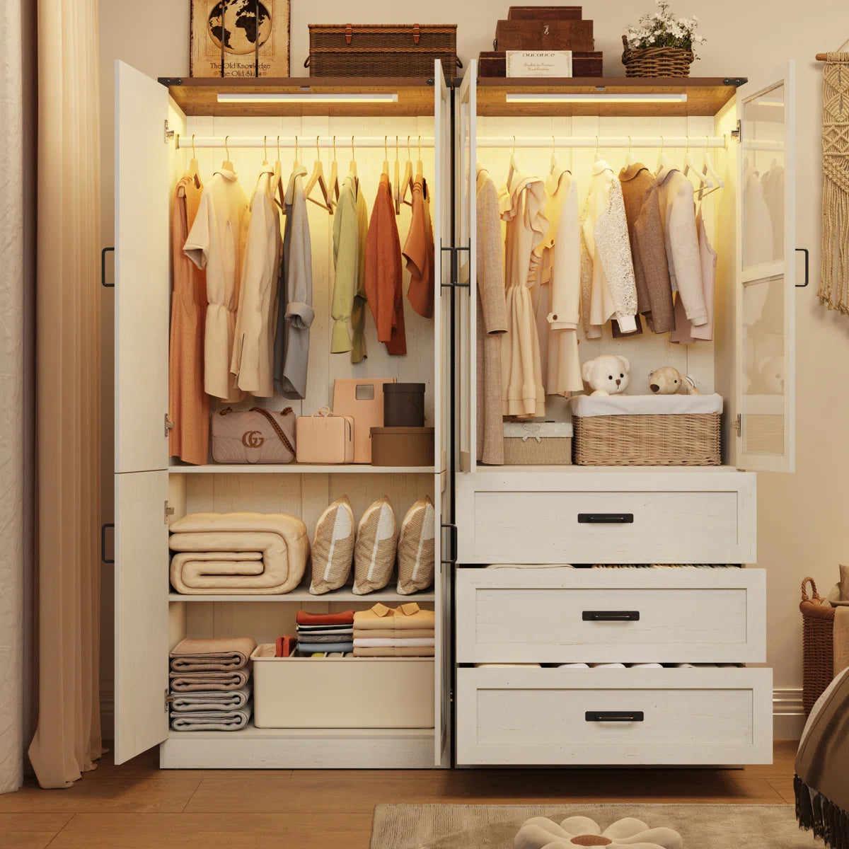74.8"H 4 Door Wardrobe Armoire Closet With LED Lights, Rustic Farmhouse Wardrobe Cabinet With Hanging Rod & Adjustable Shelves For Bedroom