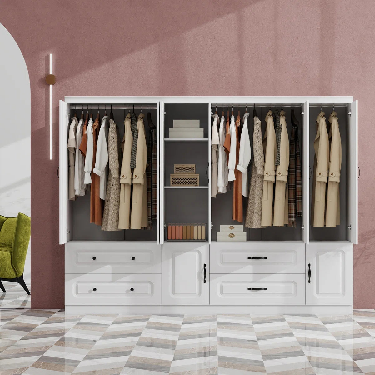 6-Door Wardrobe Armoire With Drawers, Free Standing Armoire Cabinet