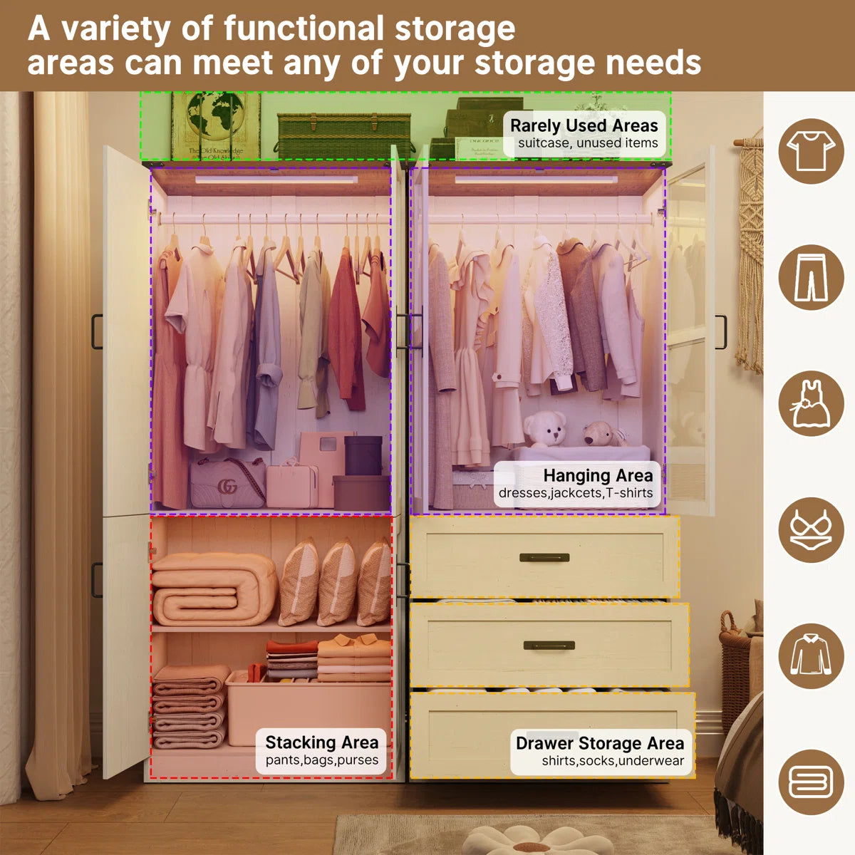 74.8"H 4 Door Wardrobe Armoire Closet With LED Lights, Rustic Farmhouse Wardrobe Cabinet With Hanging Rod & Adjustable Shelves For Bedroom
