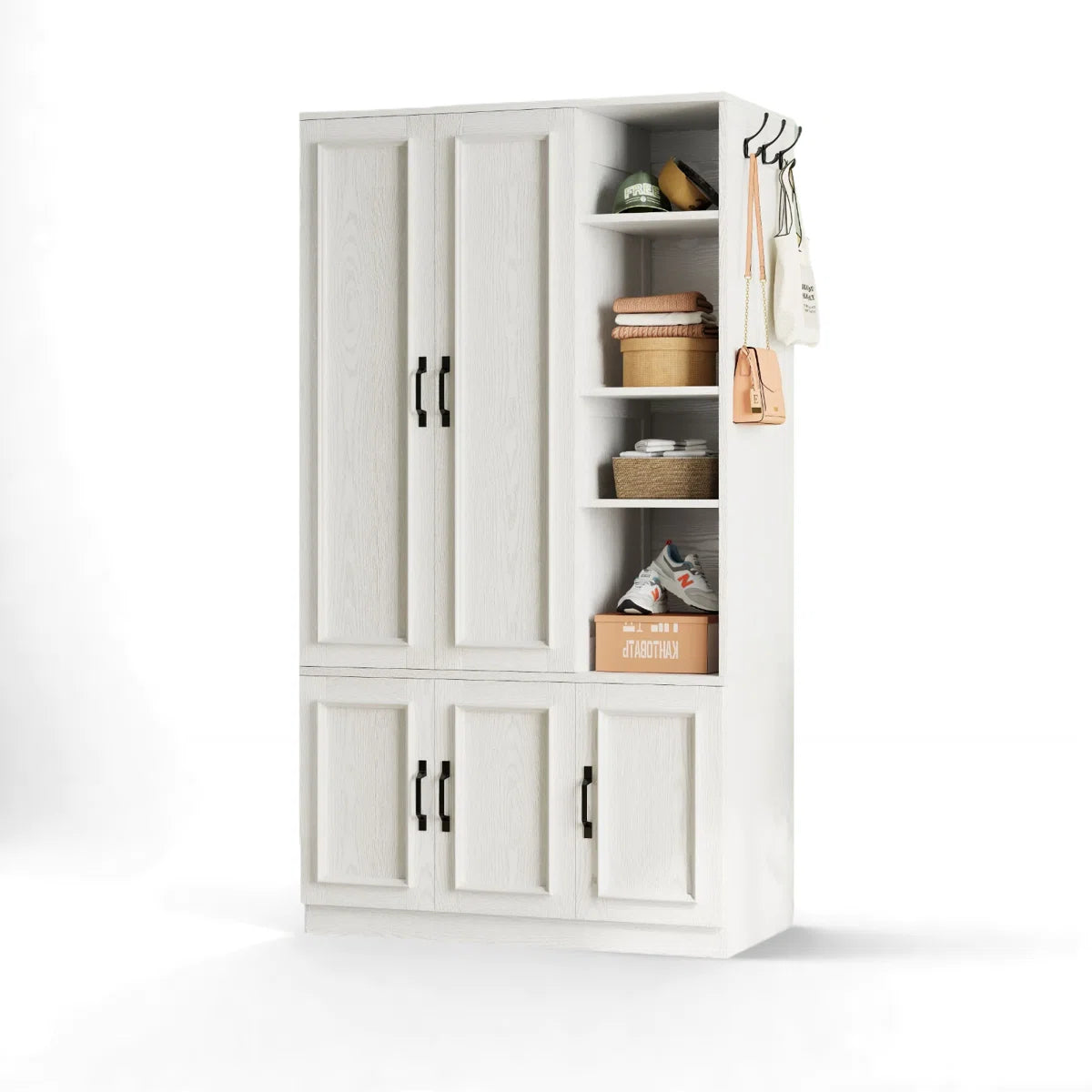 5-Door Wooden Wardrobe With Hanging Poles & 4 Open Storage Shelves, 70” Armoire For Hanging Clothes
