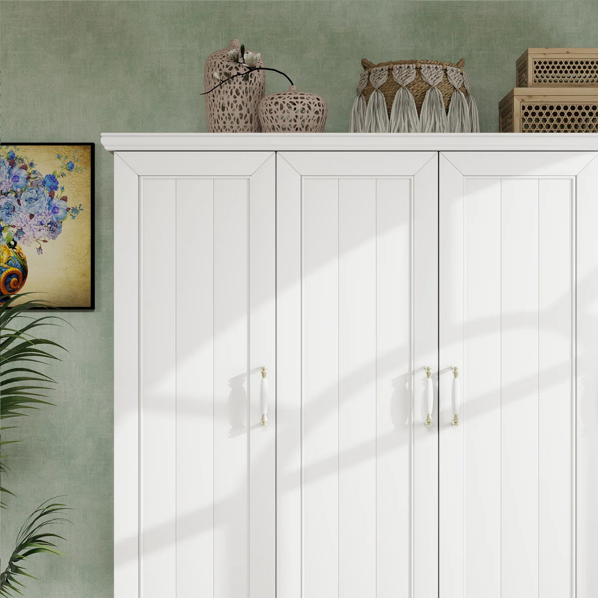 4 Doors Wardrobe Armoire 100% Soild Wood Storage Cabinet With Shelves, 70.87"H Wardrobe Closet With 2 Drawers and 2 Hanging Rods, Pearly White Finish