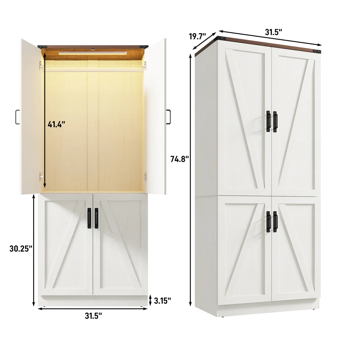 75" H Farmhouse Wardrobe Armoire Closet With LED Lights, 2 Doors Wooden Wardrobe Cabinet For Bedroom With Hanging Rod For Bedroom