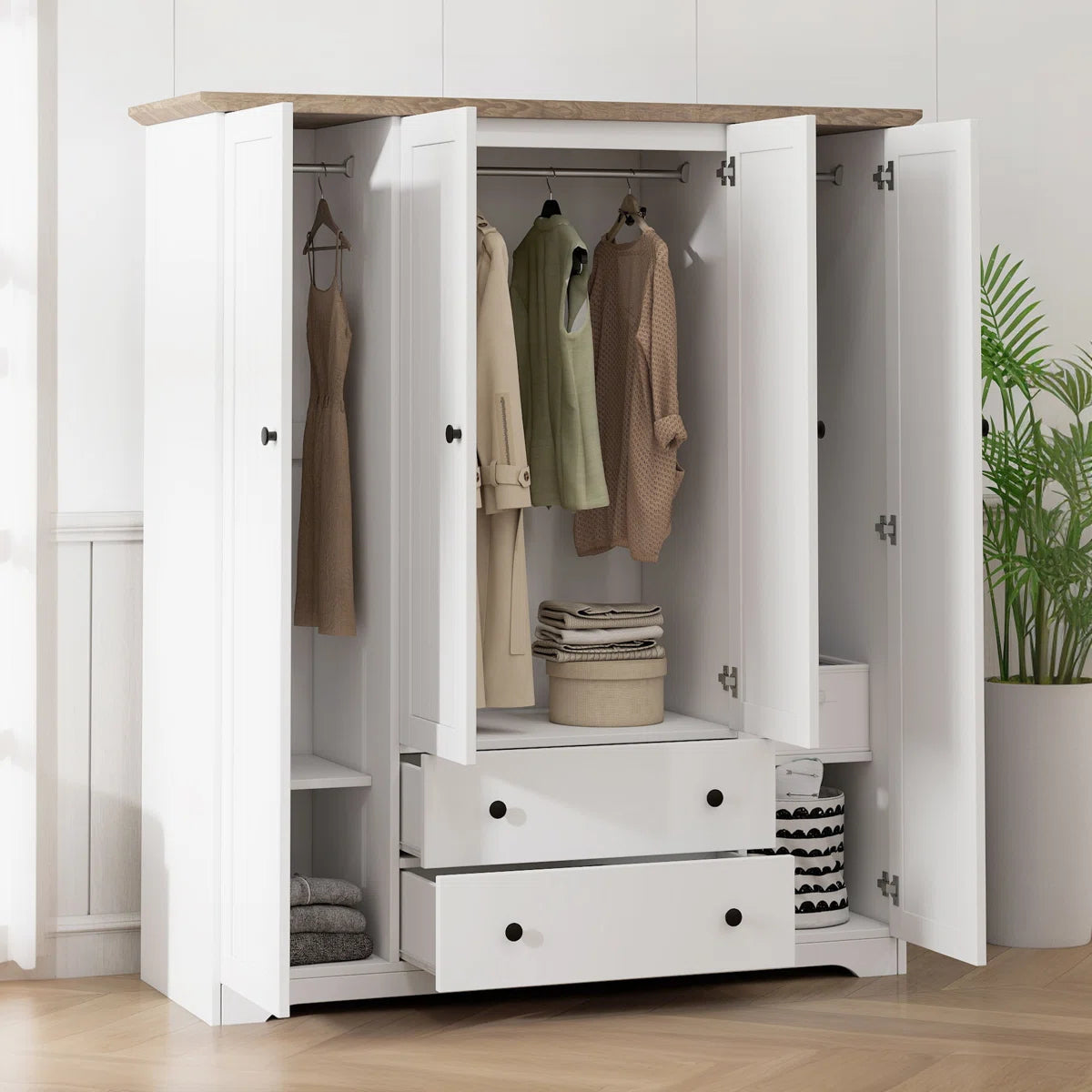 Wood Wardrobe Closet With 4 Doors And 2 Drawers,Bedroom Freestanding Armoire Storage Cabinet With Shelves,Wooden Wardrobe Combination For Hanging Clothes