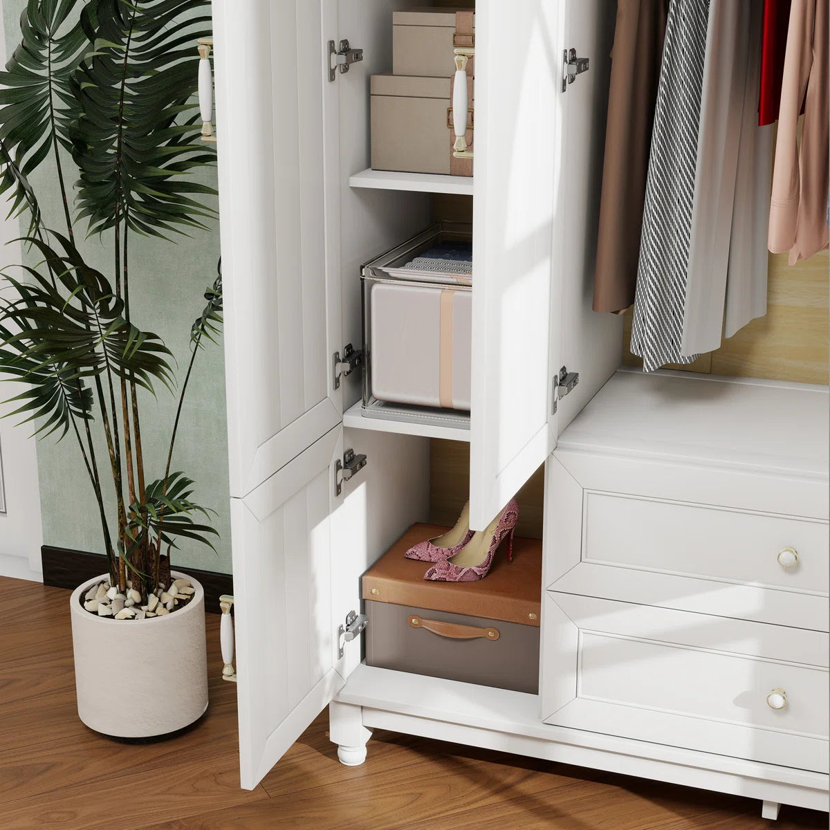 4 Doors Wardrobe Armoire 100% Soild Wood Storage Cabinet With Shelves, 70.87"H Wardrobe Closet With 2 Drawers and 2 Hanging Rods, Pearly White Finish