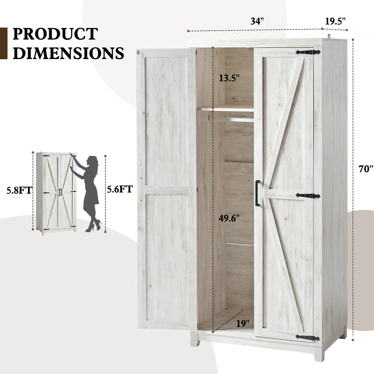 70" Farmhouse Large Armoire Wardrobe Closet With Hanging Rod
