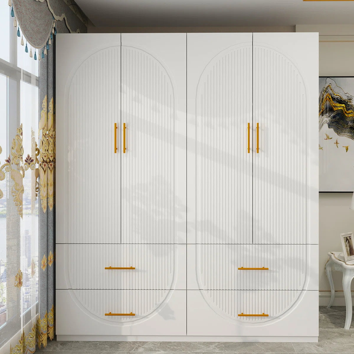 Merta White Wardrobe Closet with Soft-Close Doors — 3-Tier Shelves & 4 Drawers MDF Armoire for Bedroom