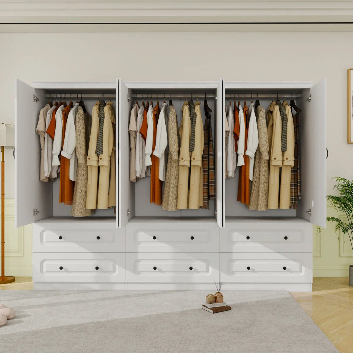 70.87"H Freestanding Wardrobe Armoire With Hanging Rods, 6-Door Armoire Closet With Drawers For Bedroom