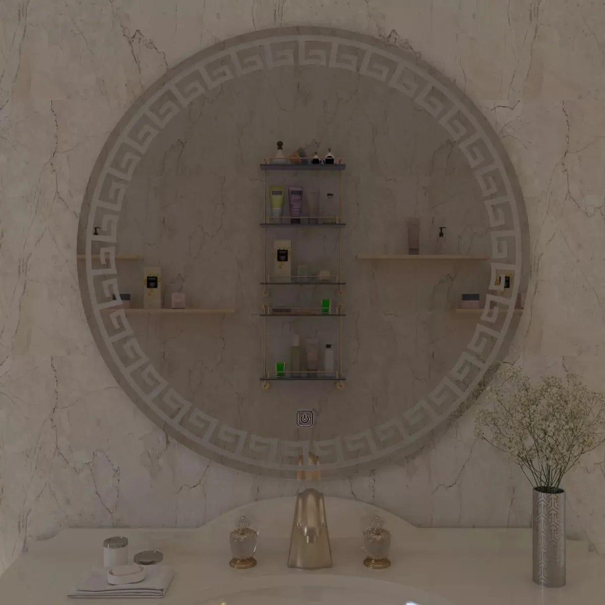 Greek Key Motif LED Round Bathroom Mirror