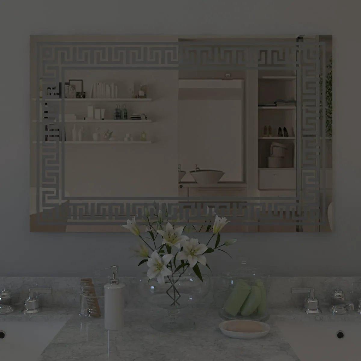 Greek Key Motif LED Rectangular Bathroom Mirror - Ouch Cart 