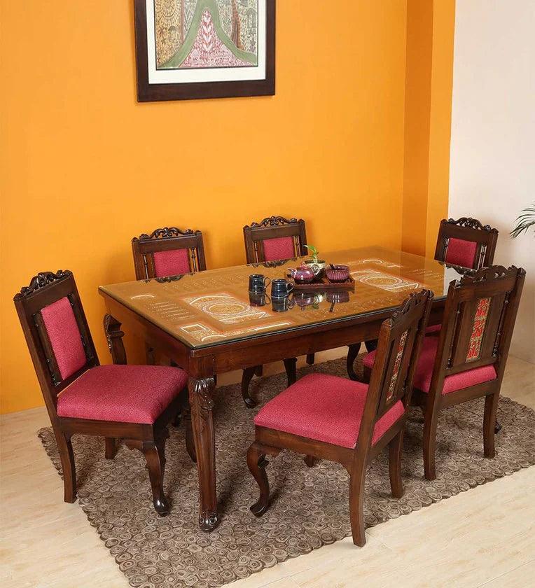 Teak Wood 6 Seater Dining Set in Walnut Finish - Ouch Cart 