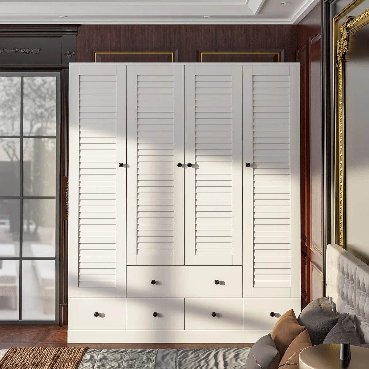 Ardit 59" Wide White Wardrobe with Louvered Doors and 5 Drawers, Freestanding Armoire Closet with Hanging Rods and Shelves