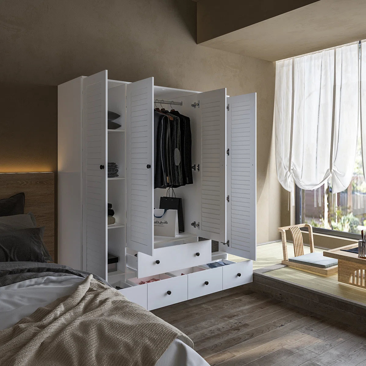 Ardit 59" Wide White Wardrobe with Louvered Doors and 5 Drawers, Freestanding Armoire Closet with Hanging Rods and Shelves