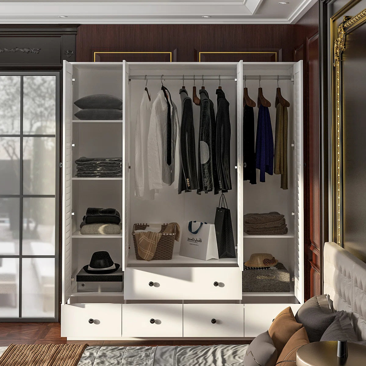Ardit 59" Wide White Wardrobe with Louvered Doors and 5 Drawers, Freestanding Armoire Closet with Hanging Rods and Shelves