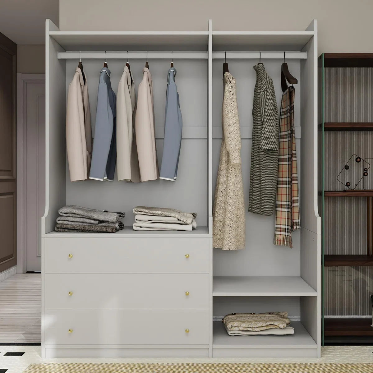 Open Wooden Wardrobe In Bedroom