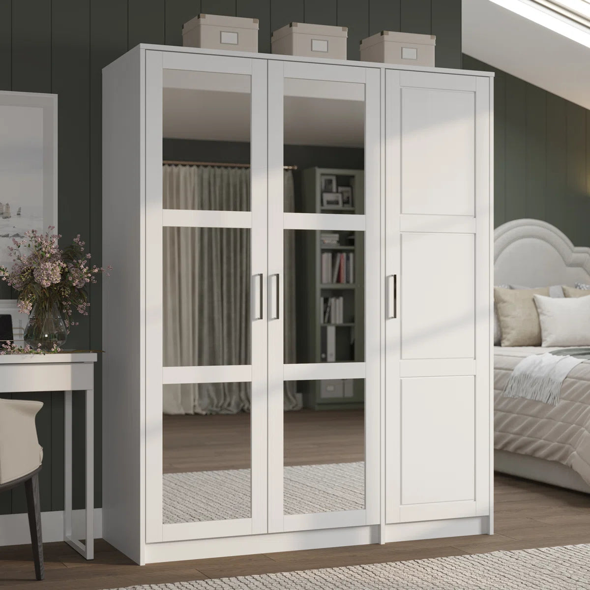 100% Solid Wood Swedesboro 3-Door Wardrobe Armoire with Mirrored Doors