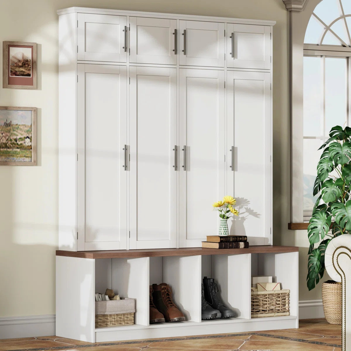 Farmhouse Hall Tree Wardrobe Closet & Cabinet - Functional Clothes Storage With 4 Hidden Hanging Hooks,White
