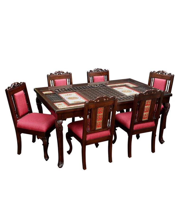 Teak Wood 6 Seater Dining Set in Walnut Finish - Ouch Cart 