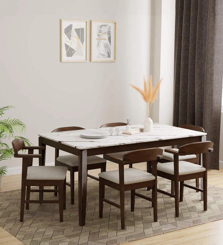 Solid Wood 6 Seater Dining Set In Marble Finish - Ouch Cart 