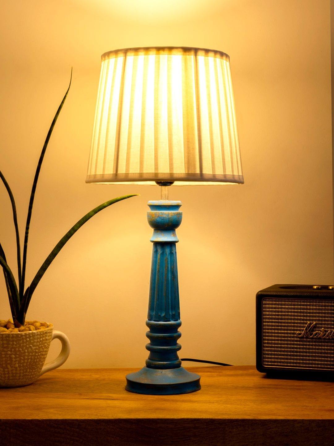 Wooden Pillar Blue lamp with pleeted White Soft Shade - Ouch Cart 