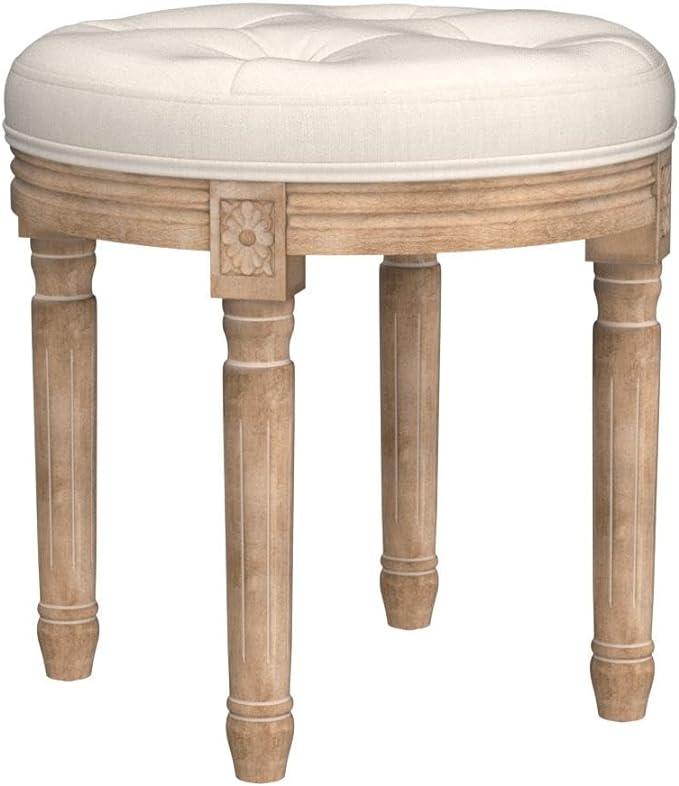 Vintage Round Brushed Wood Stool with Diamond Tufting, 18-Inch, Beige - Ouch Cart 