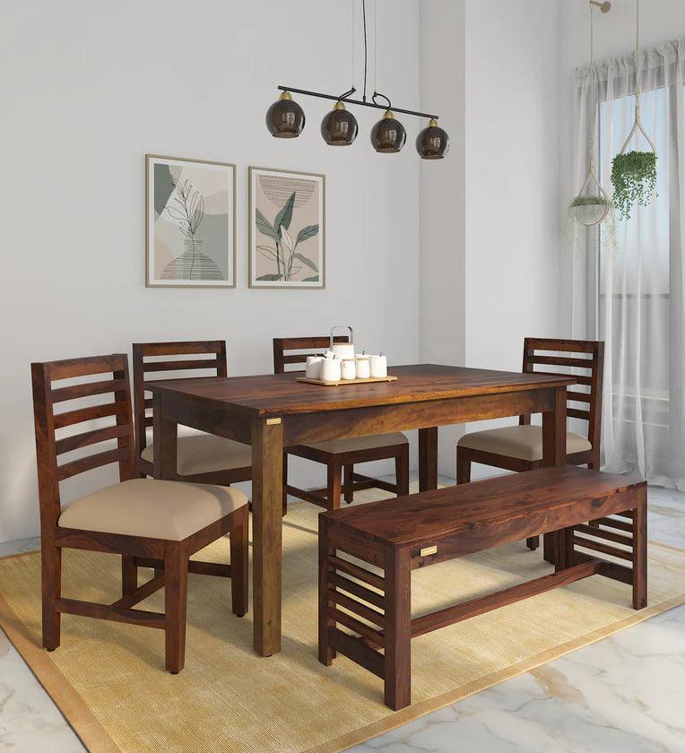 Sheesham Wood 6 Seater Dining Set In Scratch Resistant Provincial Teak Finish With Bench - Ouch Cart 