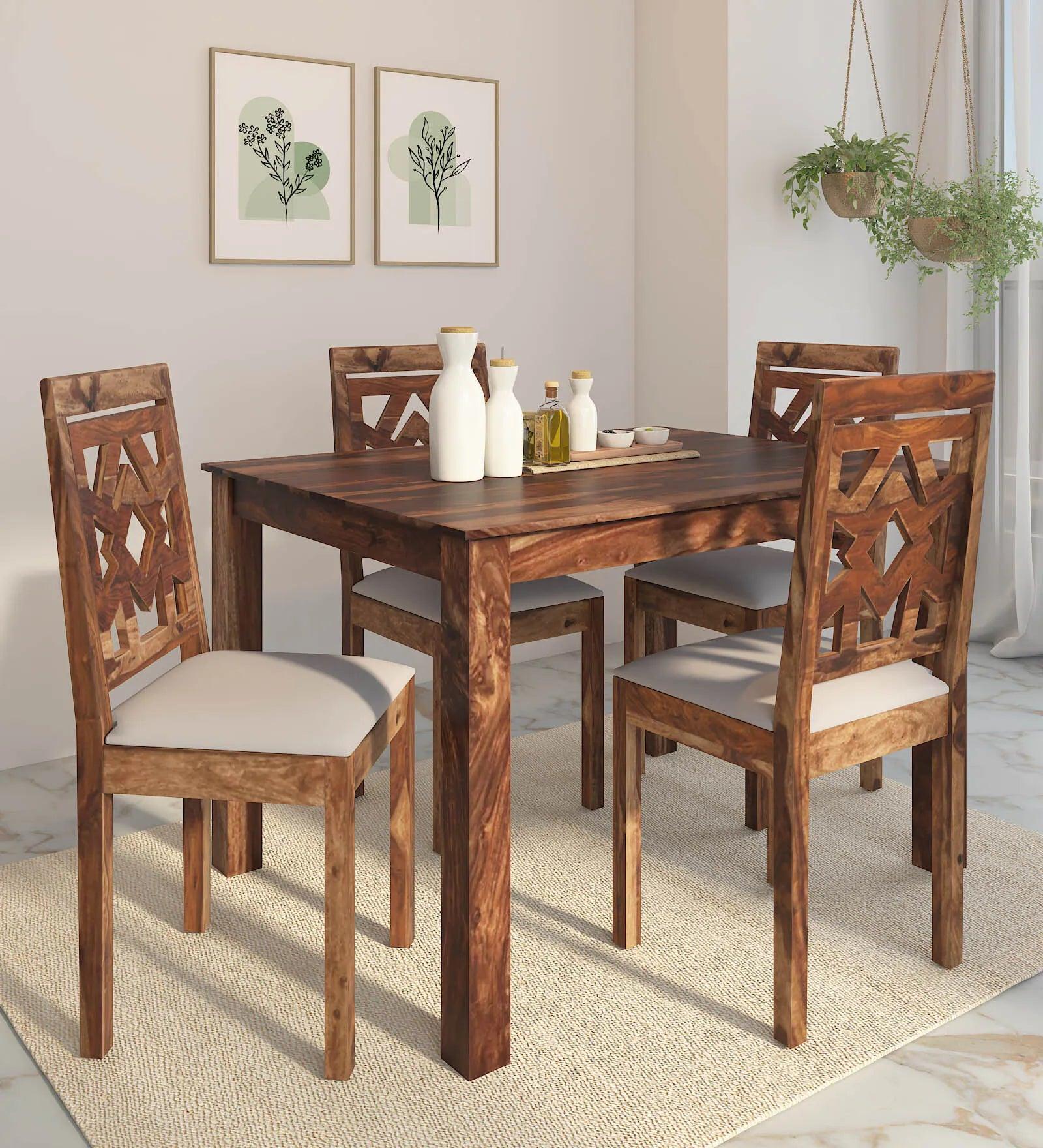 Sheesham Wood 4 Seater Dining Set in Scratch Resistant Rustic Teak Finish - Ouch Cart 