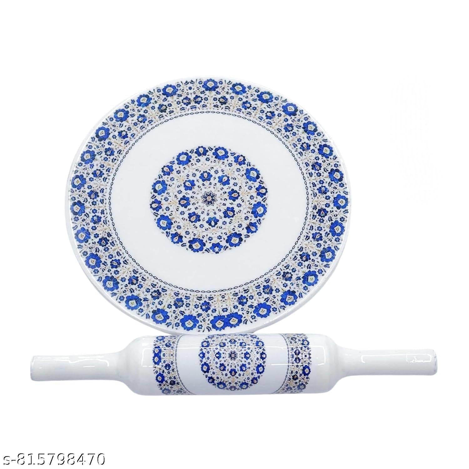 Indian Marble Printed Chakla/Rolling Pin Board/Roti Maker/Chakla/Chapati Maker for Home & Kitchen | Finished Marble Roti Maker (10 Inch) (White chakla belan)