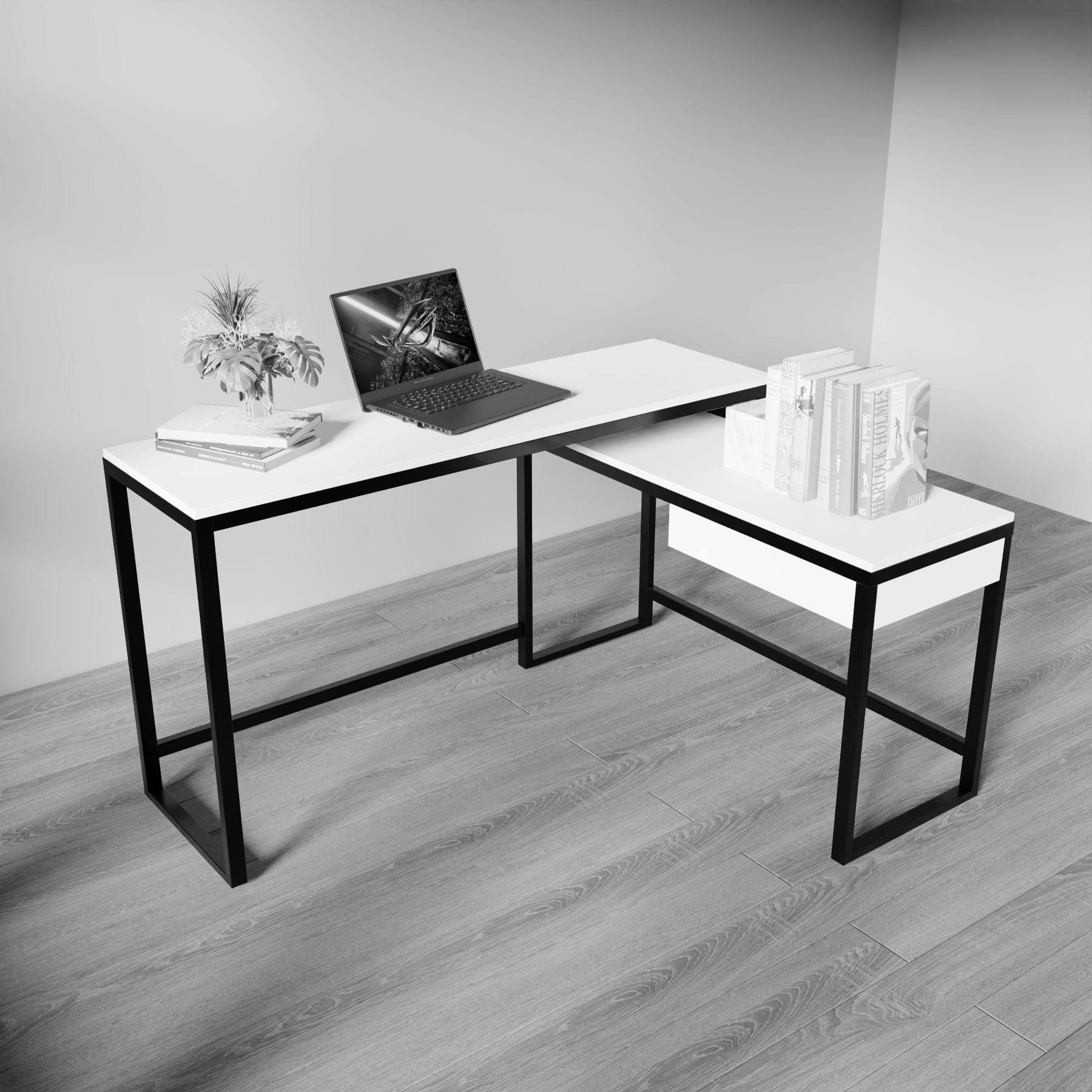 Enkele L Shaped Study Table with Storage Design in White Color