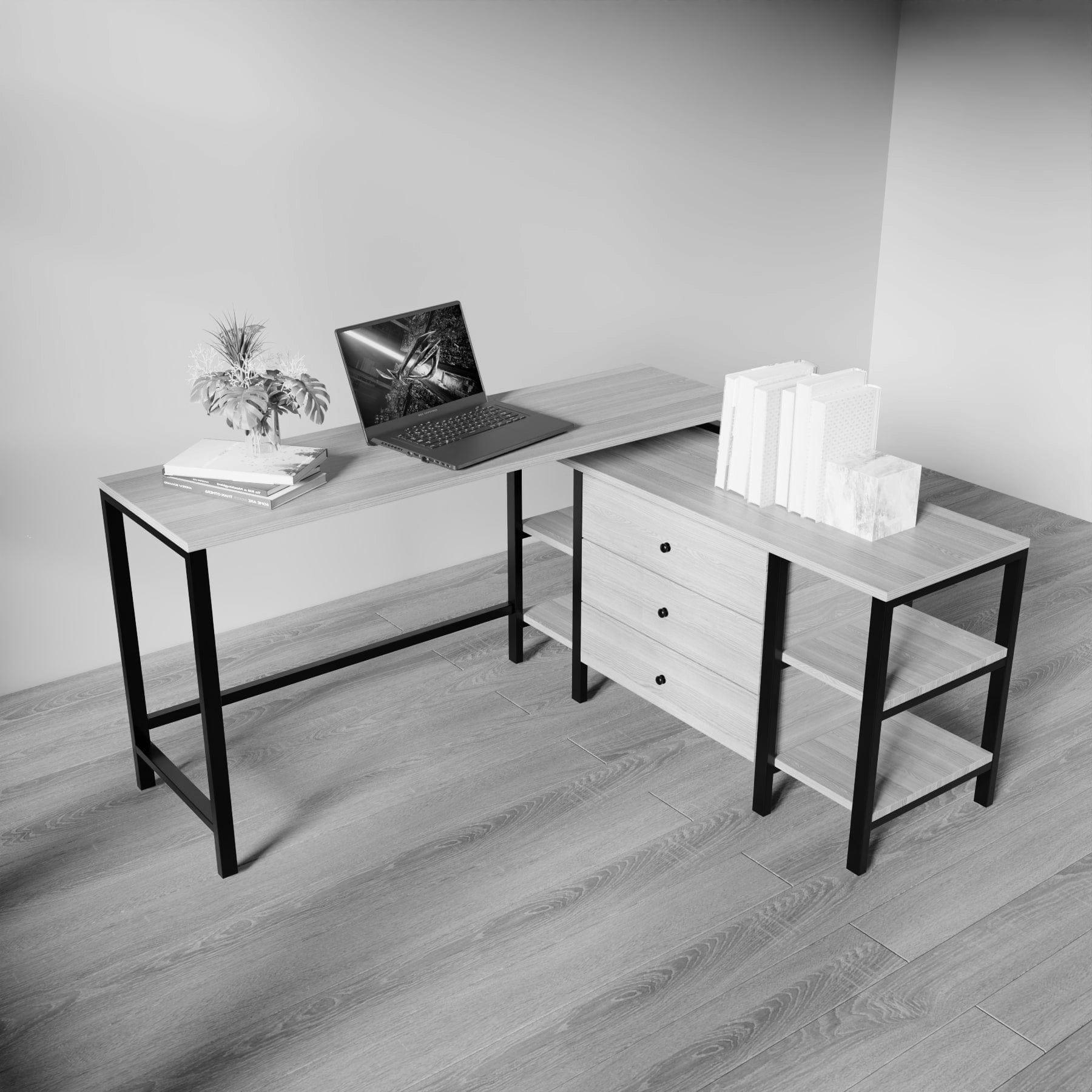 L shaped study table with storage desing wirh drawers & open storage shelves