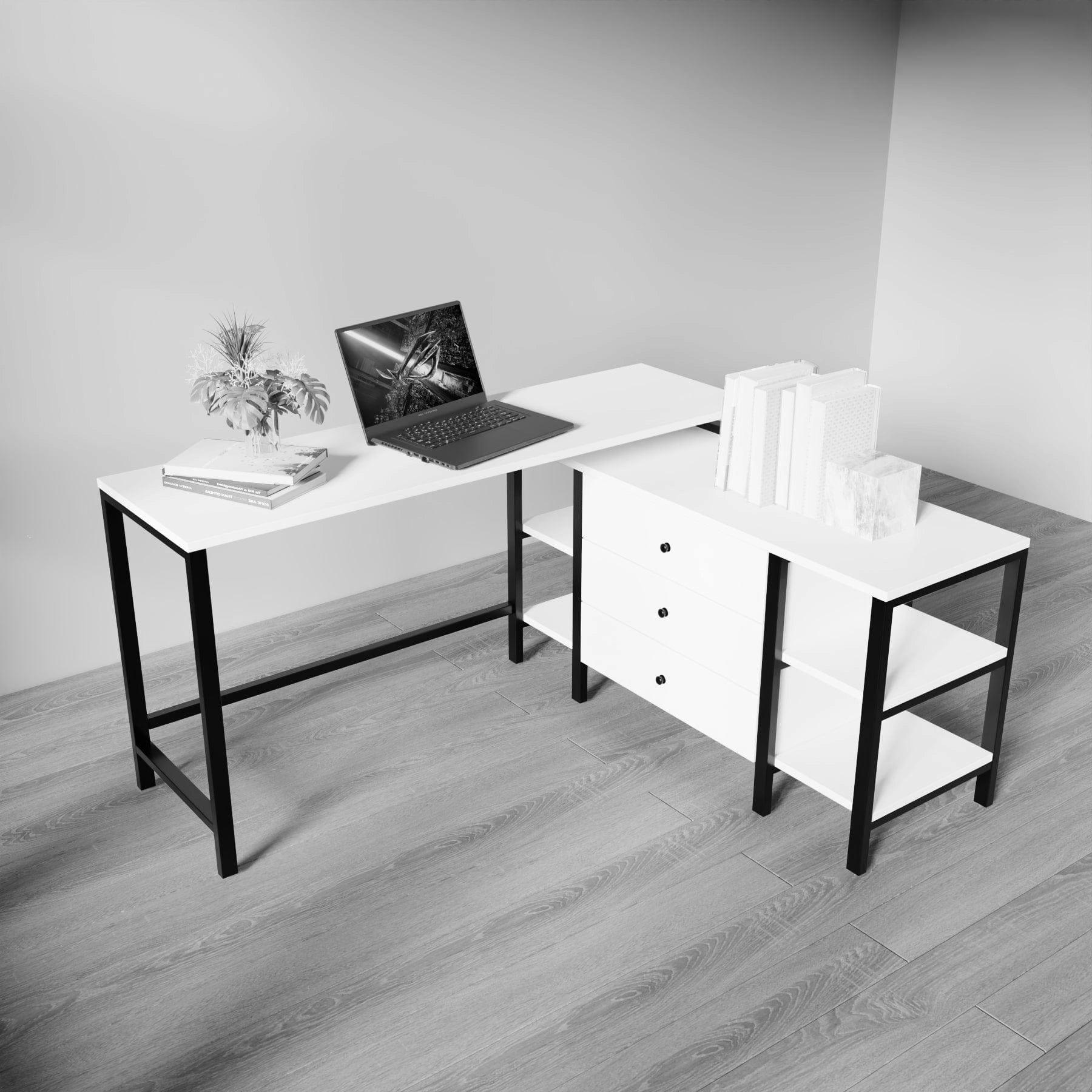 L shaped study table with storage design with drawers & open storage shelves