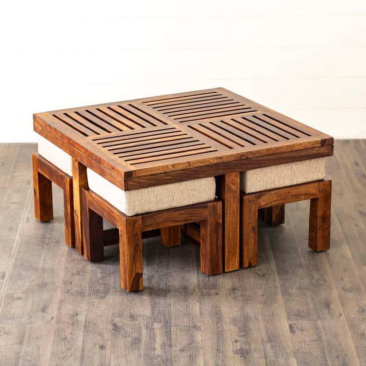 Sheesham Wood Coffee Table with Stools - Brown