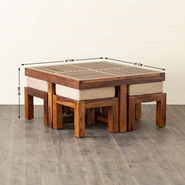 Sheesham Wood Coffee Table with Stools - Brown