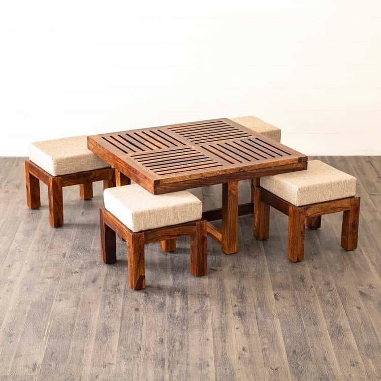 Sheesham Wood Coffee Table with Stools - Brown - Ouch Cart 