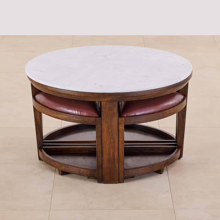 Marble Top Coffee Table with Stools - Brown