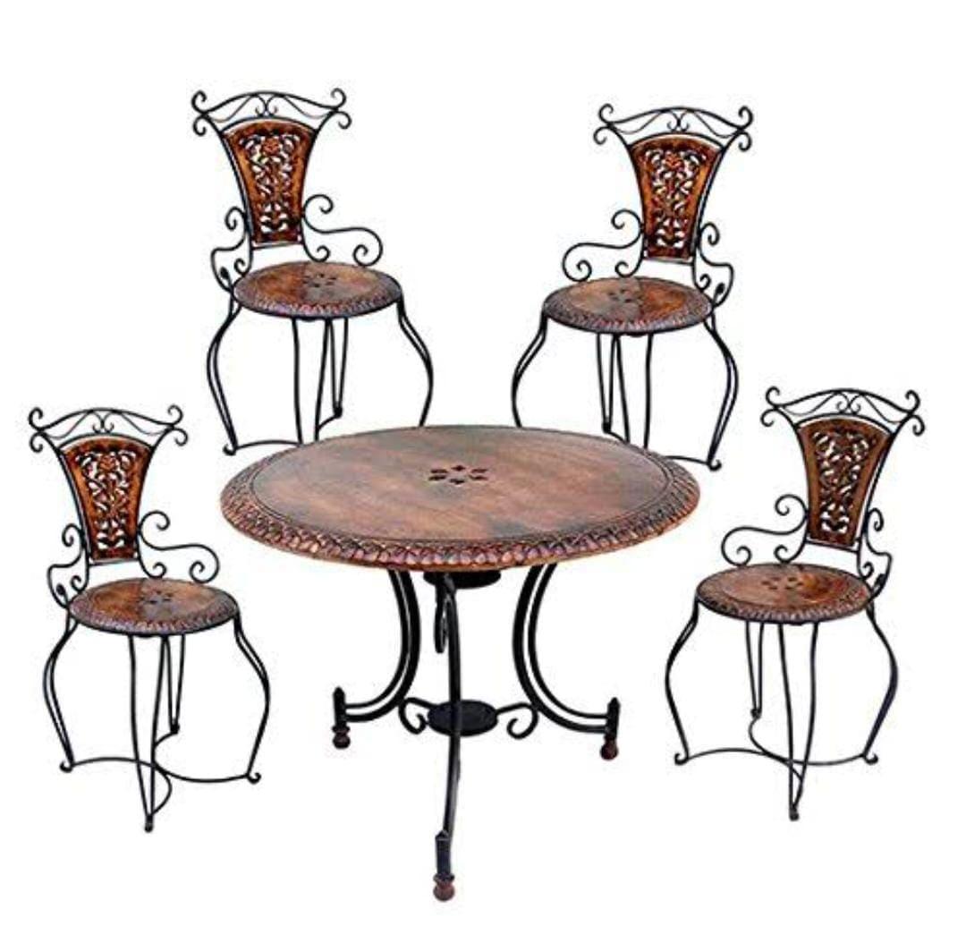 Wooden & Wrought Iron Furniture Set Garden & Outdoor/Indoor Furniture (4 CHAIR + 1 TABLE SET) - Ouch Cart 