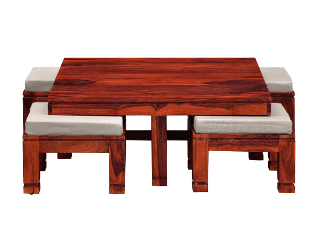 Sheesham Wood coffee table with 4 stools for Living Room and Office - Ouch Cart 