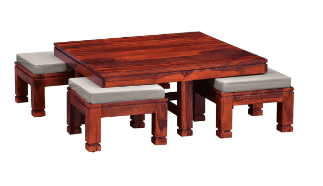 Sheesham Wood coffee table with 4 stools for Living Room and Office - Ouch Cart 