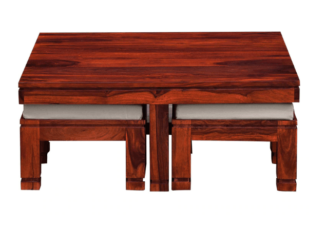 Sheesham Wood coffee table with 4 stools for Living Room and Office - Ouch Cart 