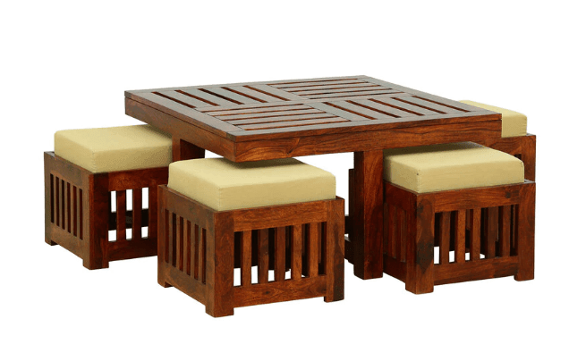 Solid Wooden Coffee Table With 4 Stools – Natural Finish - Ouch Cart 