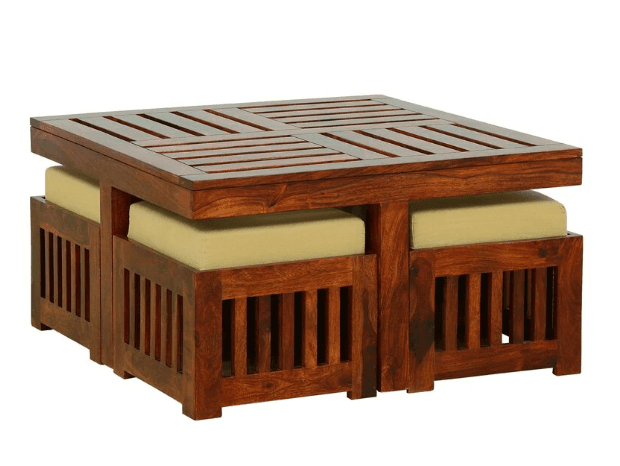 Solid Wooden Coffee Table With 4 Stools – Natural Finish - Ouch Cart 