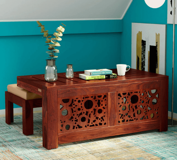 Sheesham Wood Coffee table with 2 stools - Ouch Cart 