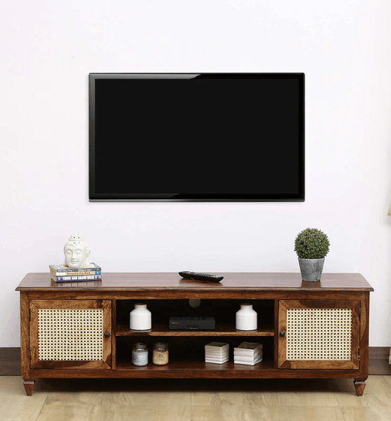 Wooden TV Stand Unit for Living Room with 2 Cabinets & Shelf Storage - Ouch Cart 