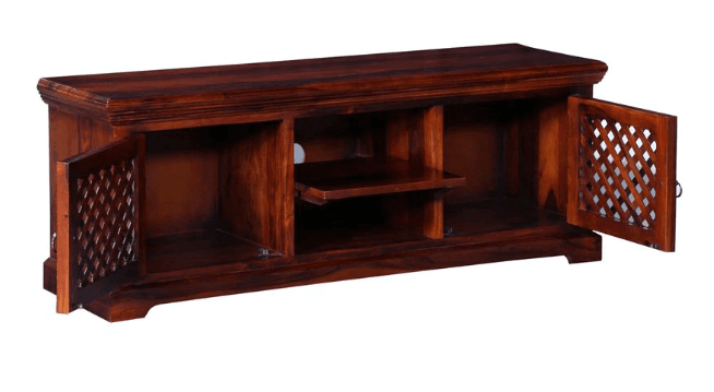 Sheesham Wood TV Unit for Living Room Television Stand with 2 Door Cabinet & 2 Shelf Storage for Bedroom (Walnut Finish) - Ouch Cart 